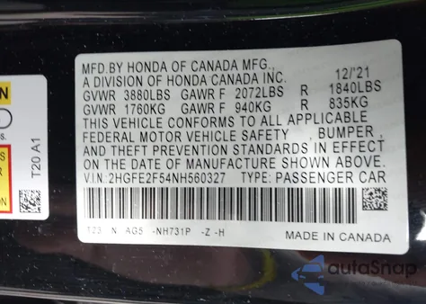 2022 Honda Civic Sport z USA, uszkodzony, nr VIN 2HGFE2F54NH560327